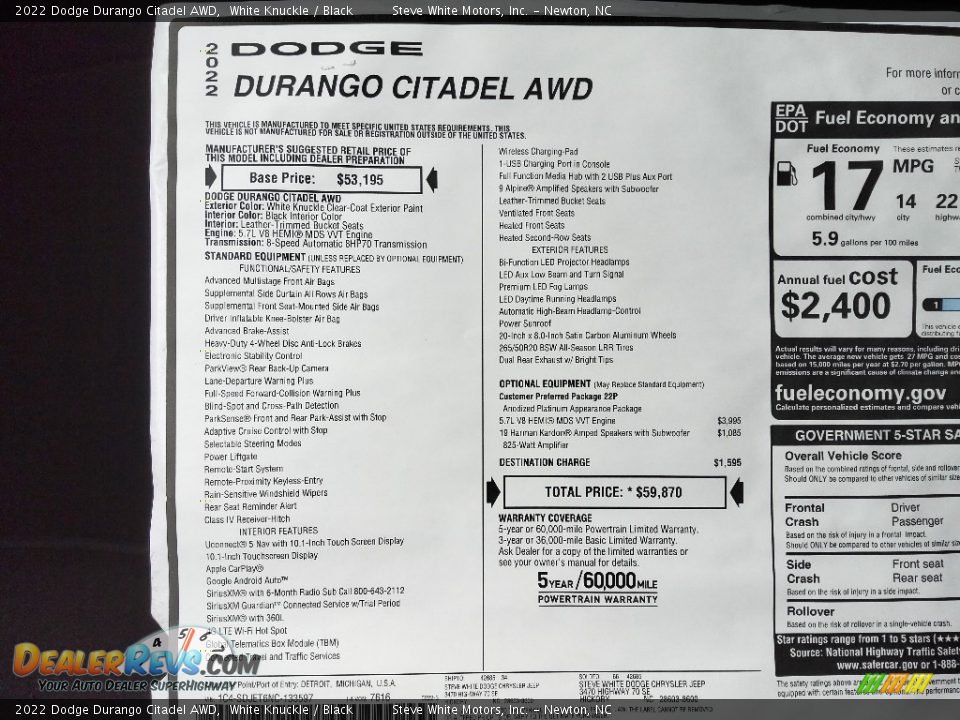 2022 Dodge Durango Citadel AWD Window Sticker Photo #34