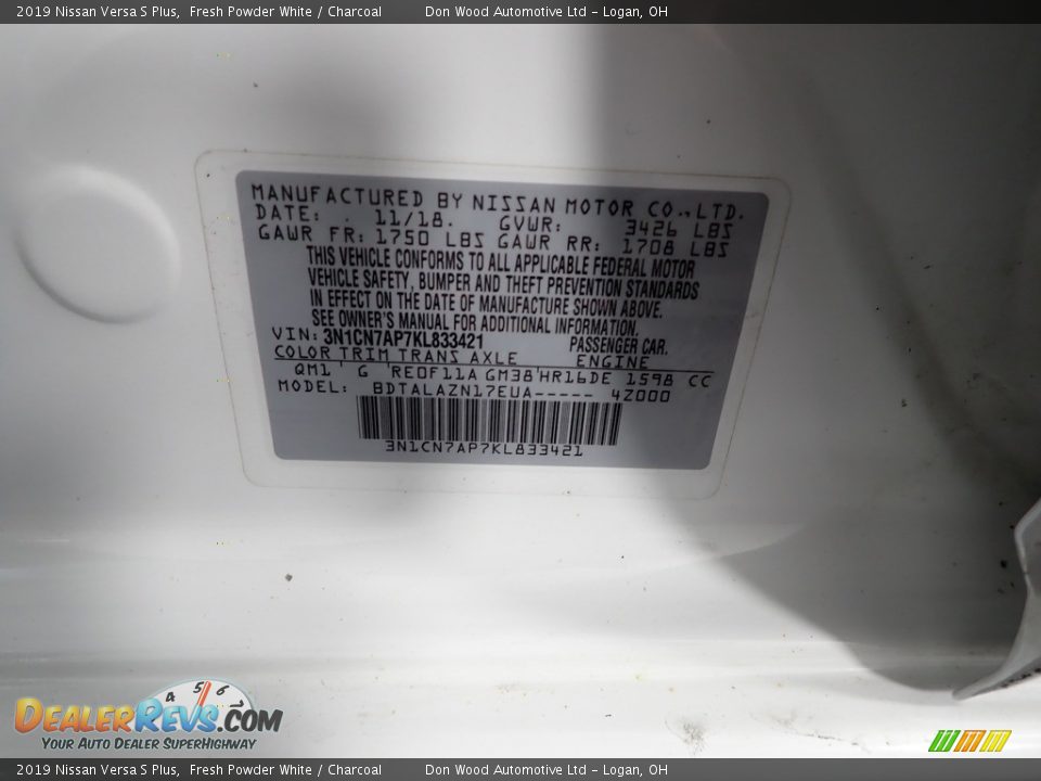 2019 Nissan Versa S Plus Fresh Powder White / Charcoal Photo #31