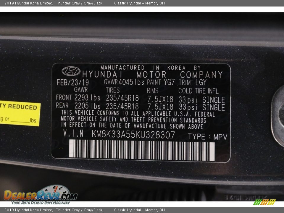 2019 Hyundai Kona Limited Thunder Gray / Gray/Black Photo #19