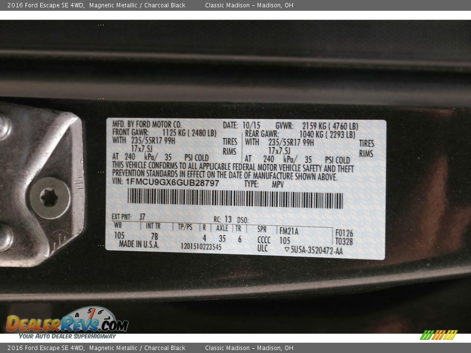 2016 Ford Escape SE 4WD Magnetic Metallic / Charcoal Black Photo #20
