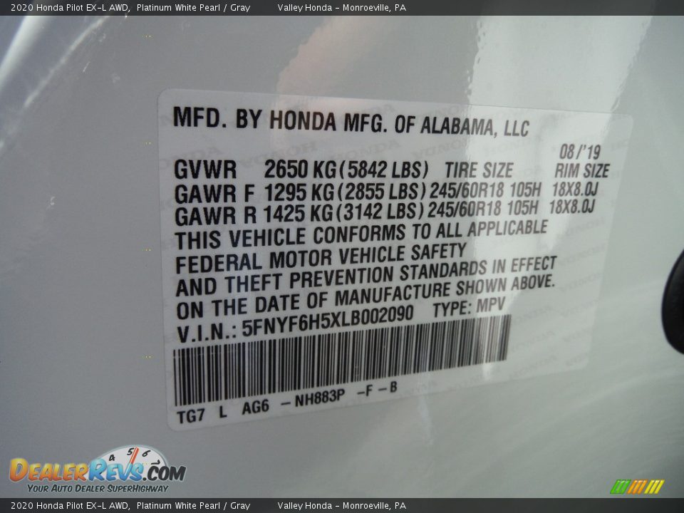 2020 Honda Pilot EX-L AWD Platinum White Pearl / Gray Photo #35