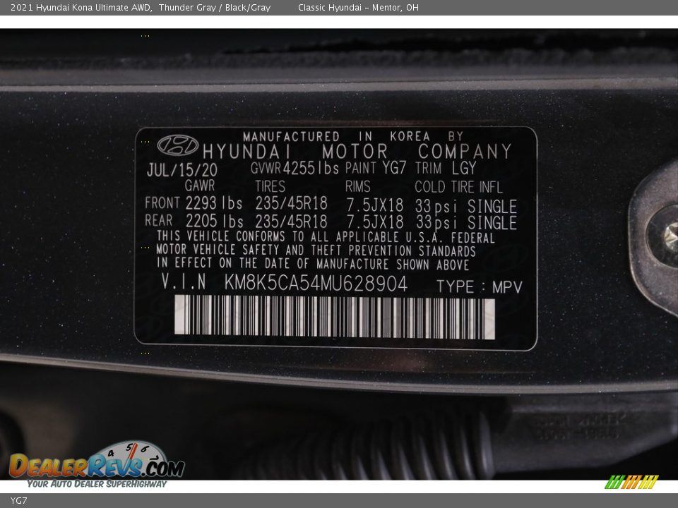 Hyundai Color Code YG7 Thunder Gray