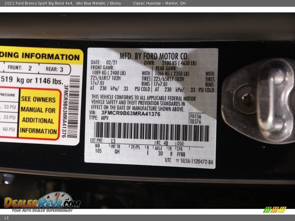 Ford Color Code L3 Alto Blue Metallic