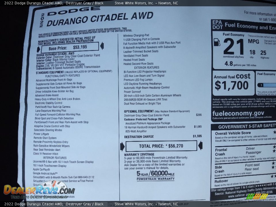 2022 Dodge Durango Citadel AWD Window Sticker Photo #32
