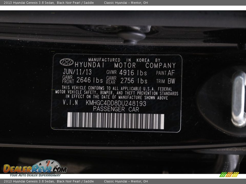 2013 Hyundai Genesis 3.8 Sedan Black Noir Pearl / Saddle Photo #19