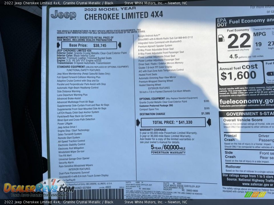 2022 Jeep Cherokee Limited 4x4 Window Sticker Photo #32