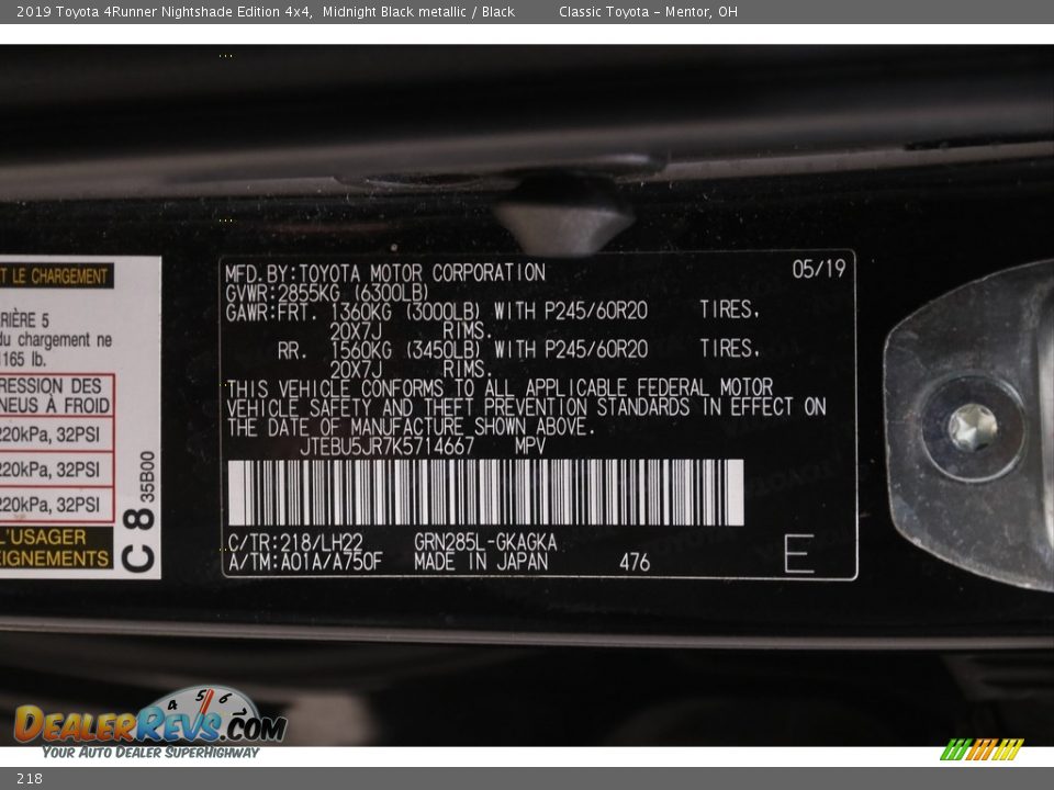 Toyota Color Code 218 Midnight Black metallic