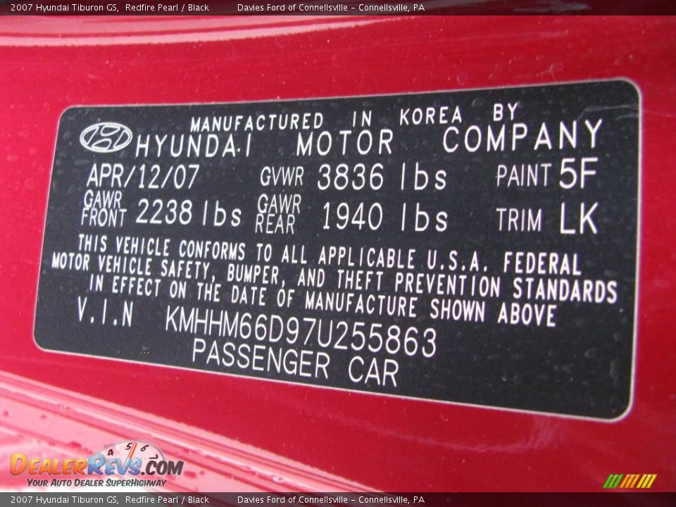 2007 Hyundai Tiburon GS Redfire Pearl / Black Photo #14
