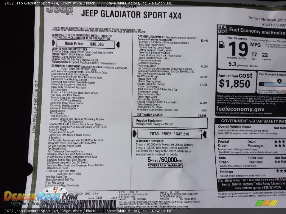 2022 Jeep Gladiator Sport 4x4 Bright White / Black Photo #28