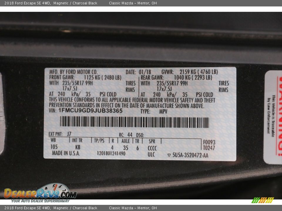 2018 Ford Escape SE 4WD Magnetic / Charcoal Black Photo #20