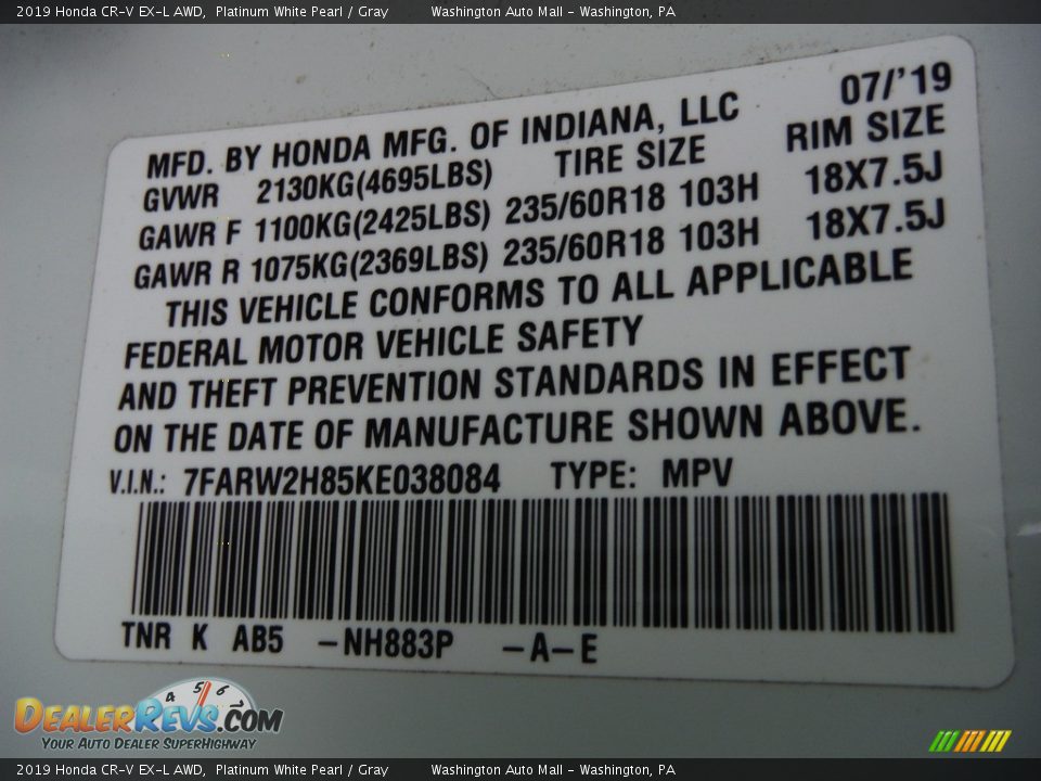 2019 Honda CR-V EX-L AWD Platinum White Pearl / Gray Photo #31