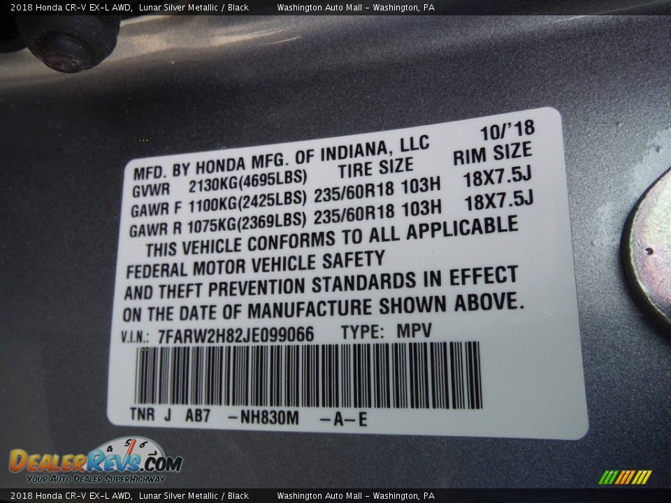 2018 Honda CR-V EX-L AWD Lunar Silver Metallic / Black Photo #34