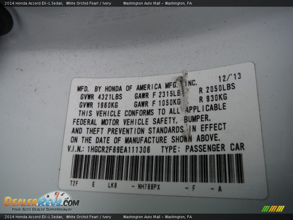 2014 Honda Accord EX-L Sedan White Orchid Pearl / Ivory Photo #28