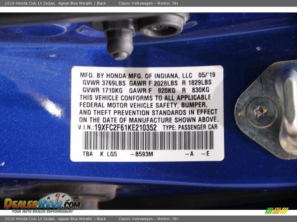 2019 Honda Civic LX Sedan Agean Blue Metallic / Black Photo #20