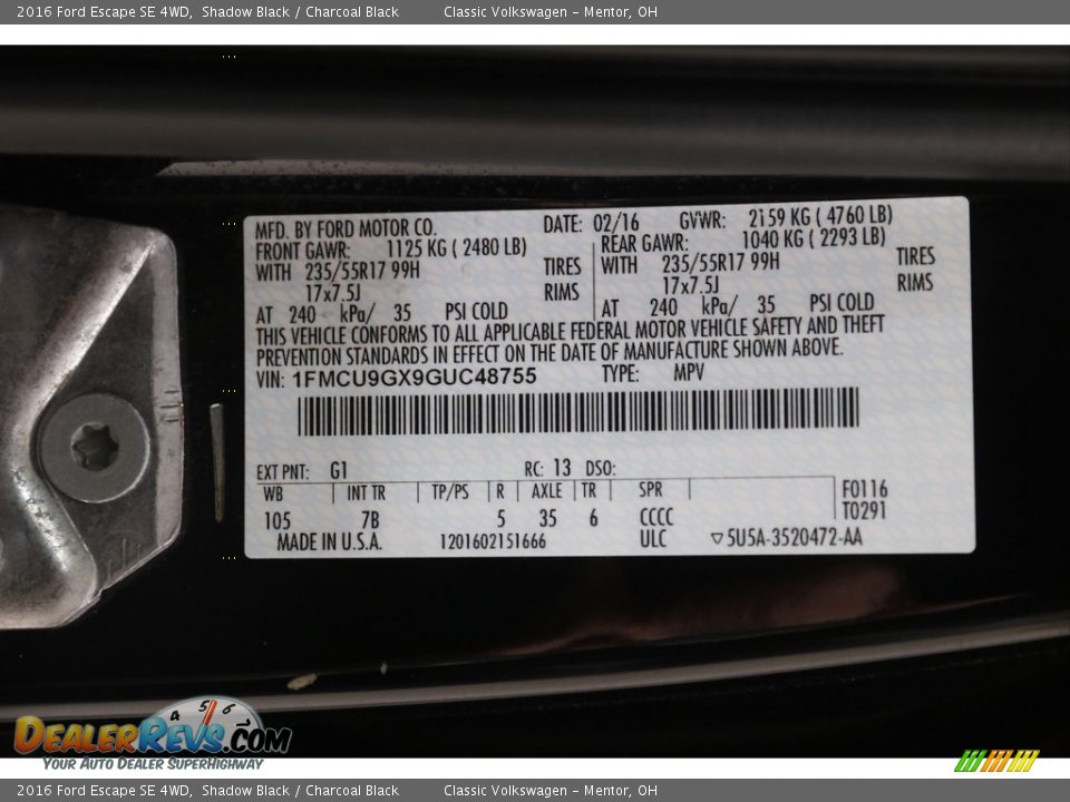 2016 Ford Escape SE 4WD Shadow Black / Charcoal Black Photo #19