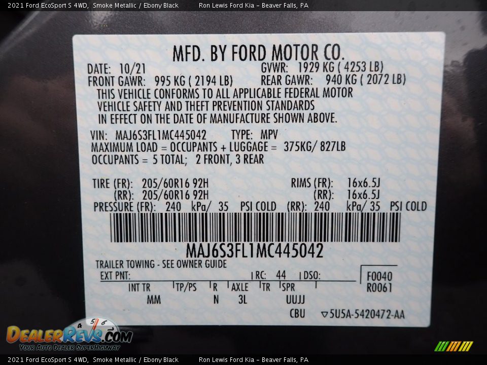 2021 Ford EcoSport S 4WD Smoke Metallic / Ebony Black Photo #17