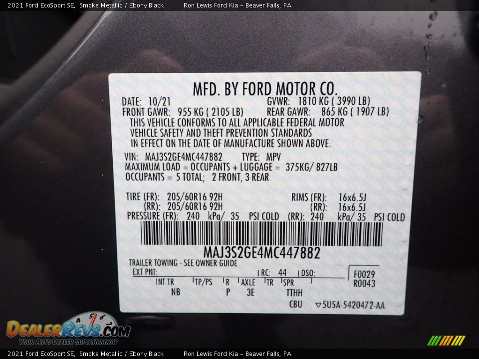 2021 Ford EcoSport SE Smoke Metallic / Ebony Black Photo #16