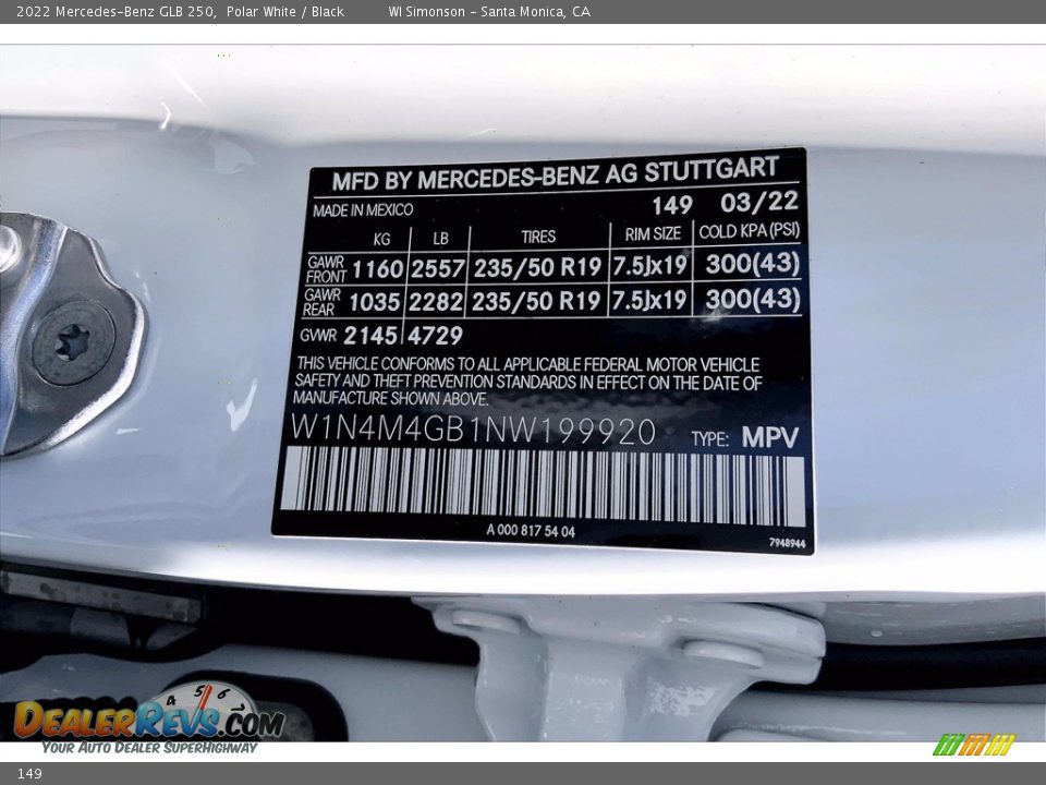 Mercedes-Benz Color Code 149 Polar White