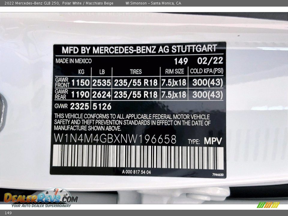 Mercedes-Benz Color Code 149 Polar White