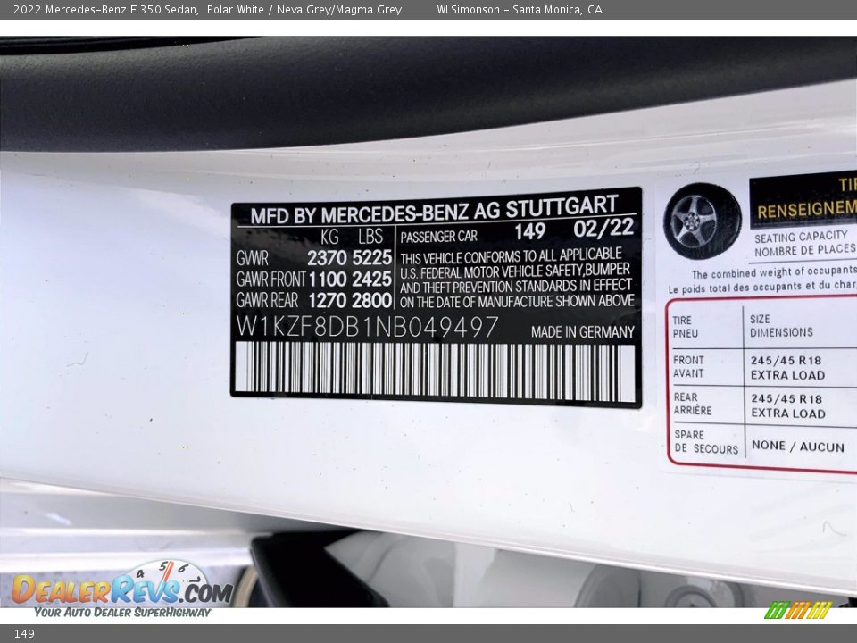 Mercedes-Benz Color Code 149 Polar White