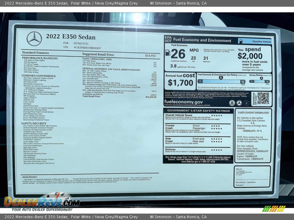 2022 Mercedes-Benz E 350 Sedan Window Sticker Photo #13