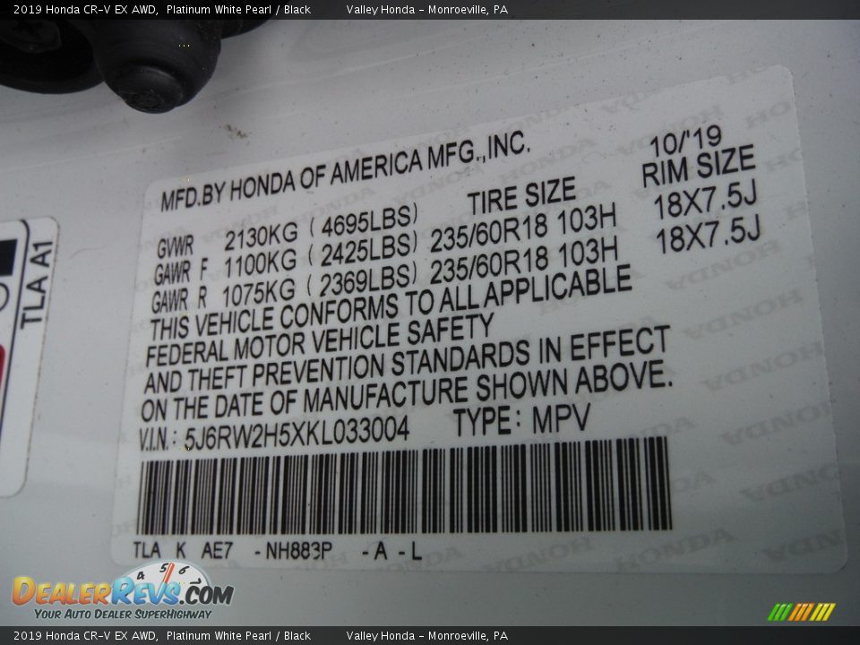 2019 Honda CR-V EX AWD Platinum White Pearl / Black Photo #31