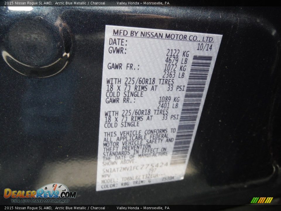 2015 Nissan Rogue SL AWD Arctic Blue Metallic / Charcoal Photo #29