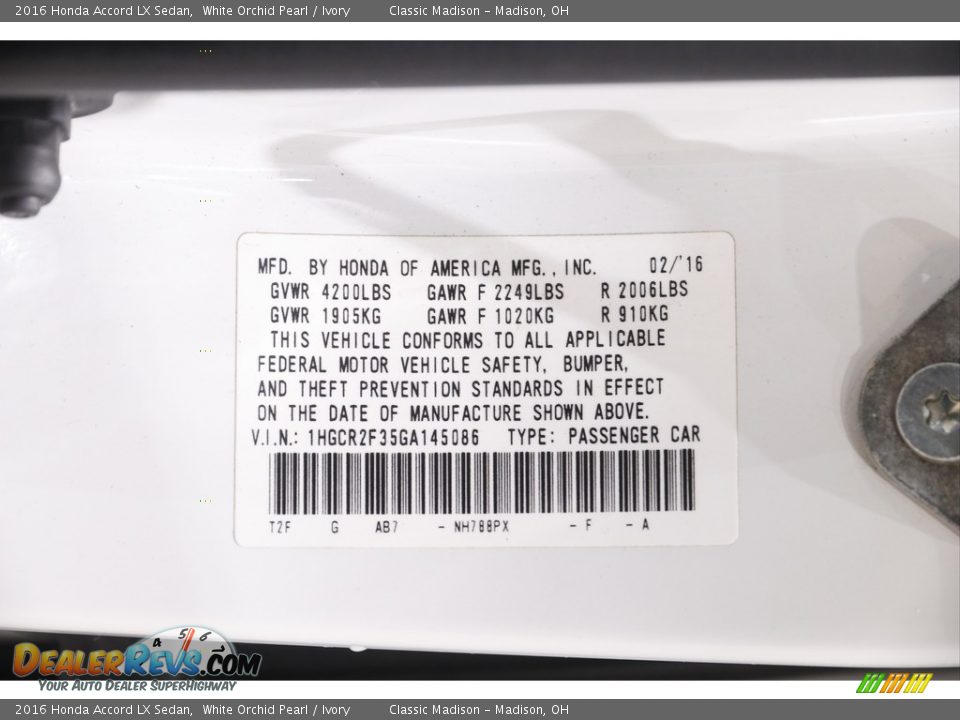 2016 Honda Accord LX Sedan White Orchid Pearl / Ivory Photo #20