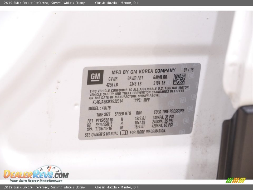 2019 Buick Encore Preferred Summit White / Ebony Photo #20