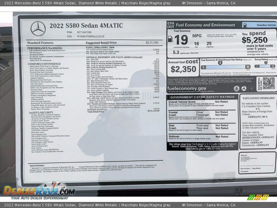 2022 Mercedes-Benz S 580 4Matic Sedan Window Sticker Photo #13