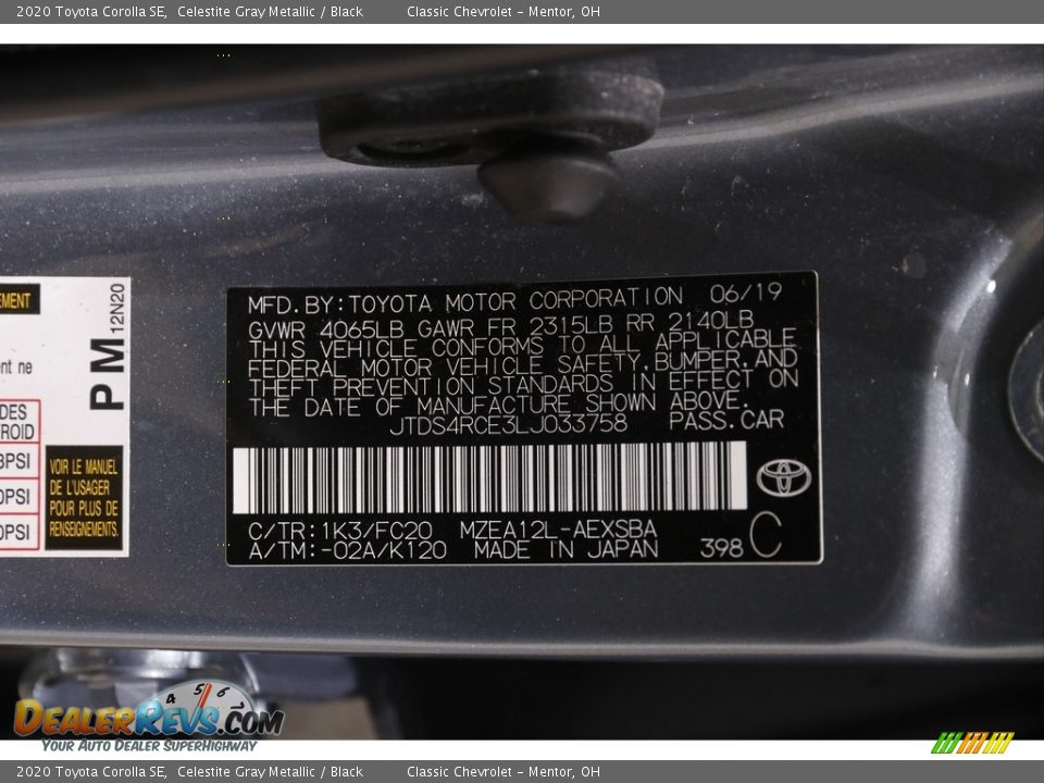 2020 Toyota Corolla SE Celestite Gray Metallic / Black Photo #19