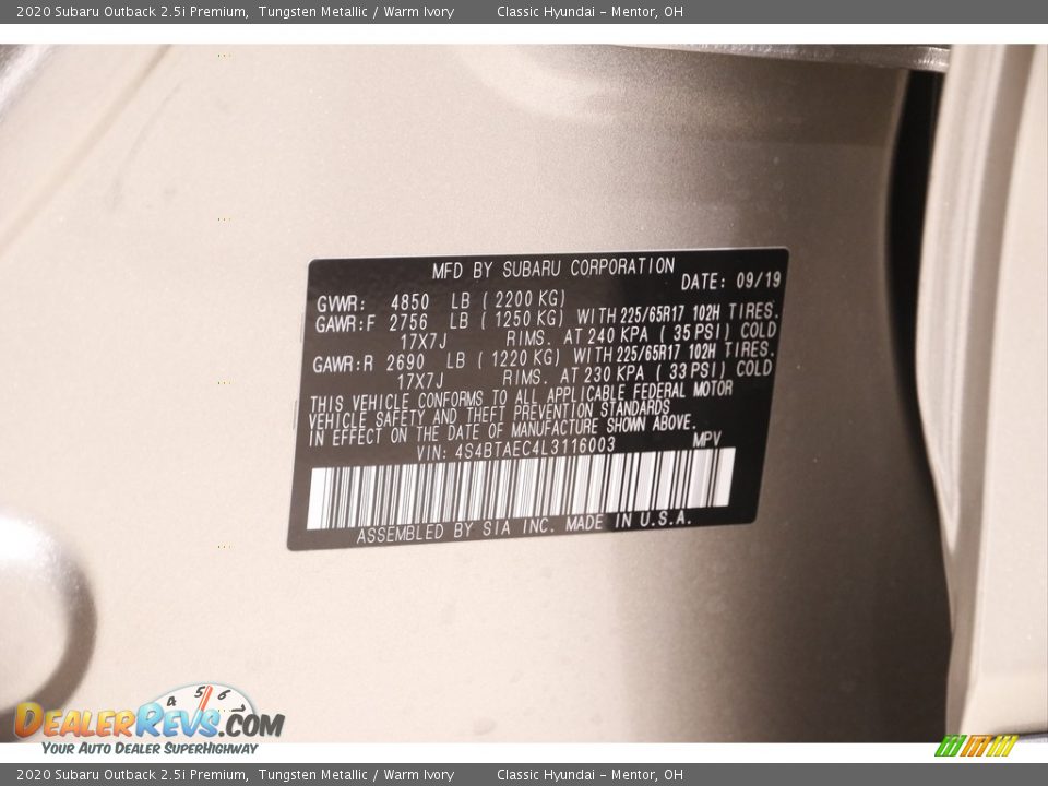 2020 Subaru Outback 2.5i Premium Tungsten Metallic / Warm Ivory Photo #20