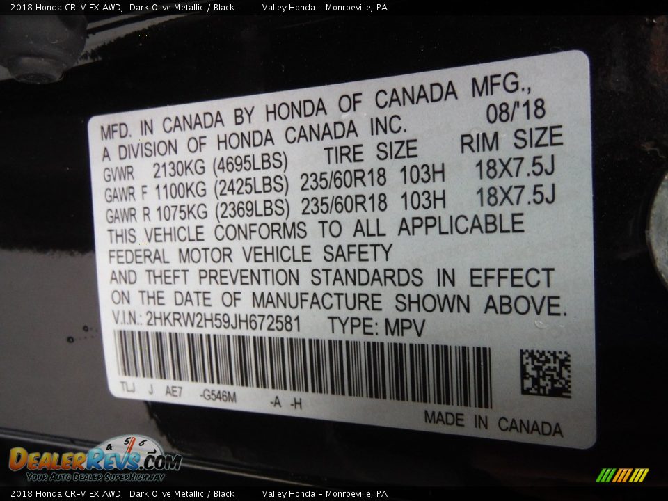 2018 Honda CR-V EX AWD Dark Olive Metallic / Black Photo #29