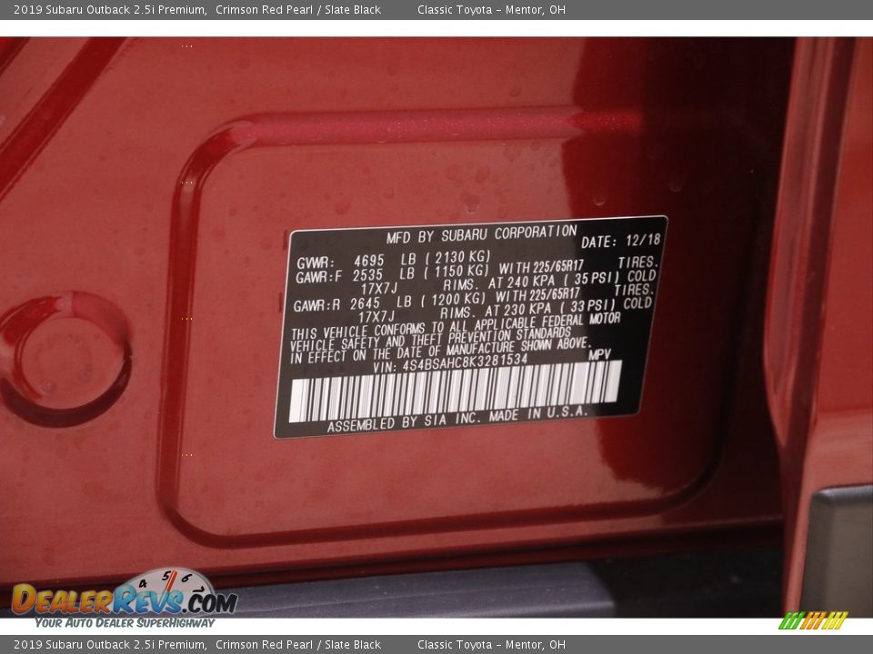 2019 Subaru Outback 2.5i Premium Crimson Red Pearl / Slate Black Photo #21