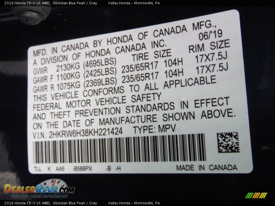 2019 Honda CR-V LX AWD Obsidian Blue Pearl / Gray Photo #28