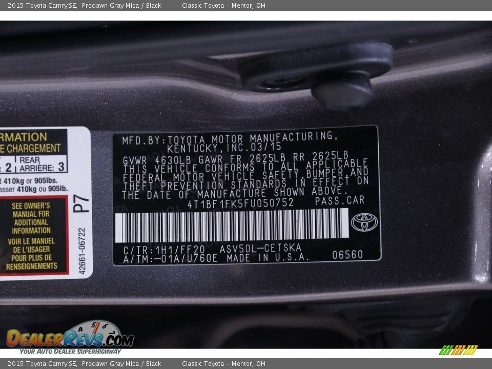 2015 Toyota Camry SE Predawn Gray Mica / Black Photo #20