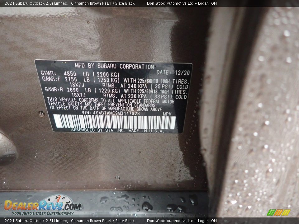 2021 Subaru Outback 2.5i Limited Cinnamon Brown Pearl / Slate Black Photo #36