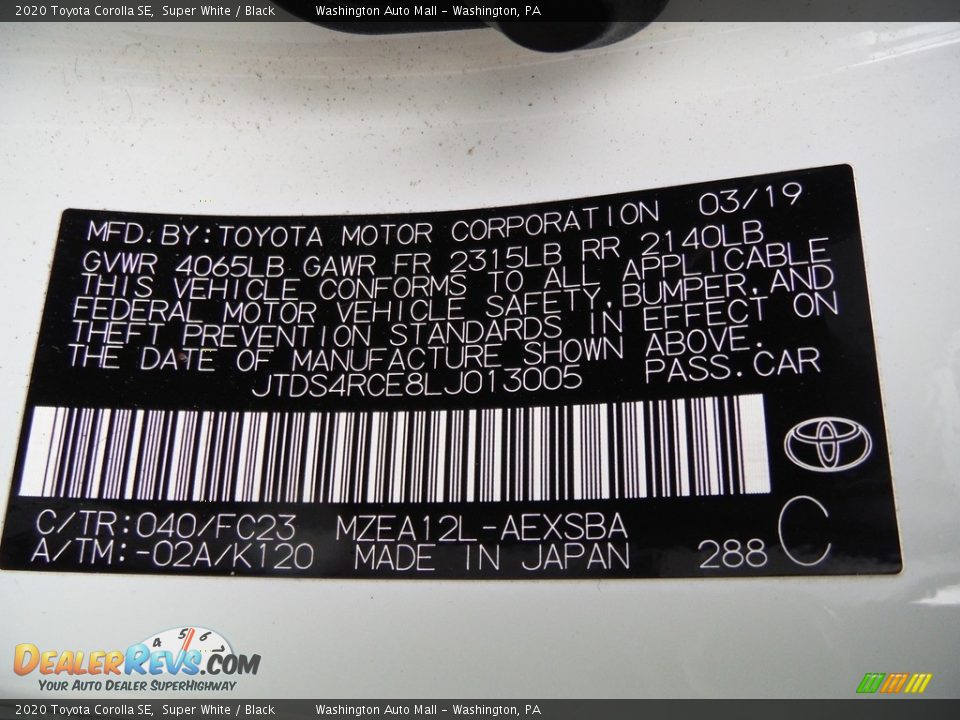 2020 Toyota Corolla SE Super White / Black Photo #25