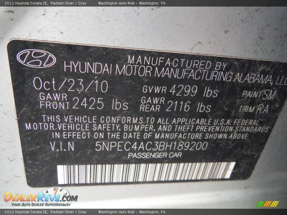 2011 Hyundai Sonata SE Radiant Silver / Gray Photo #31