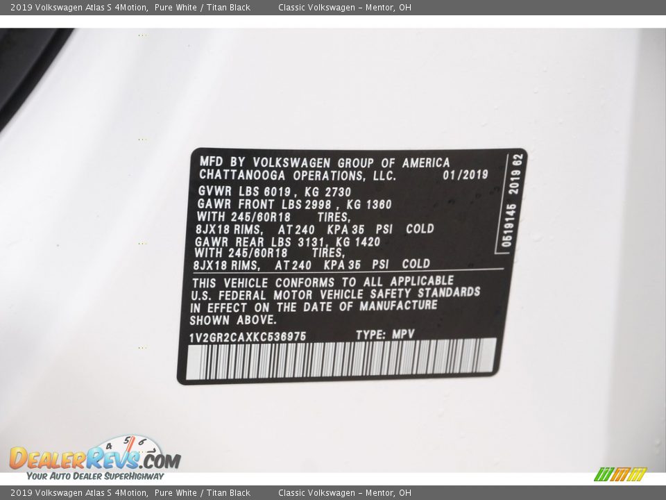 2019 Volkswagen Atlas S 4Motion Pure White / Titan Black Photo #19