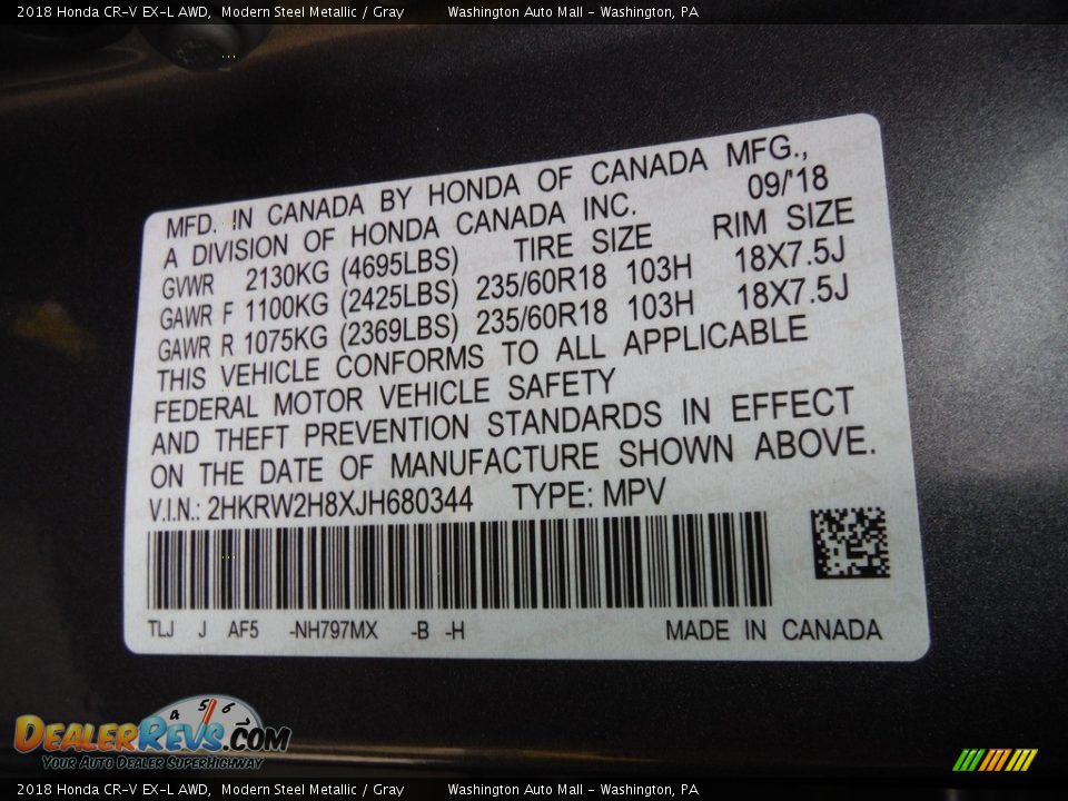 2018 Honda CR-V EX-L AWD Modern Steel Metallic / Gray Photo #34