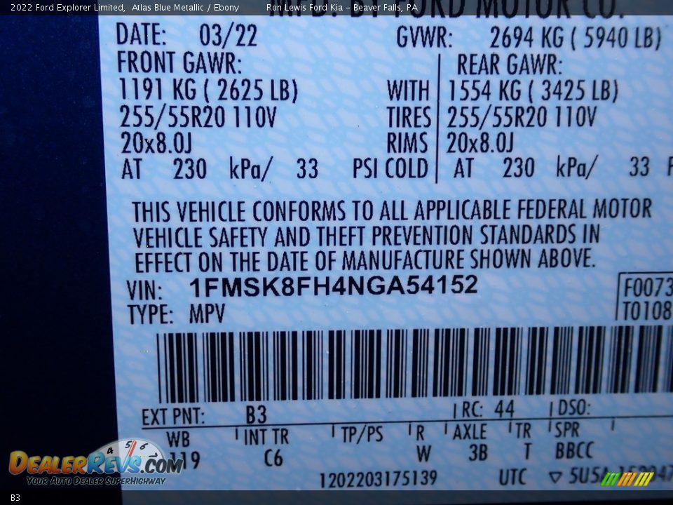 Ford Color Code B3 Atlas Blue Metallic