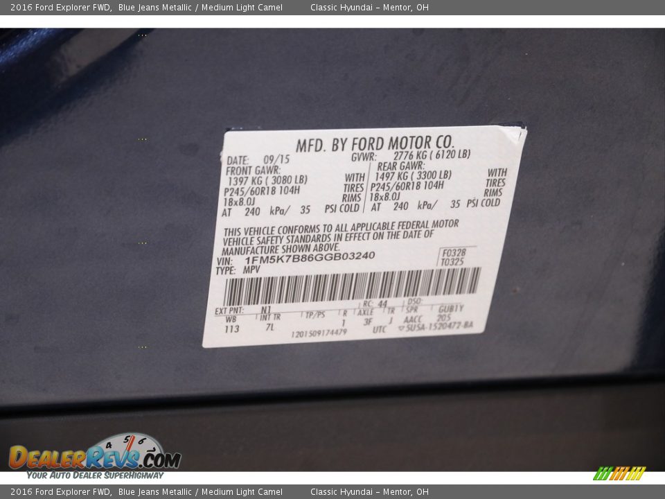 2016 Ford Explorer FWD Blue Jeans Metallic / Medium Light Camel Photo #20