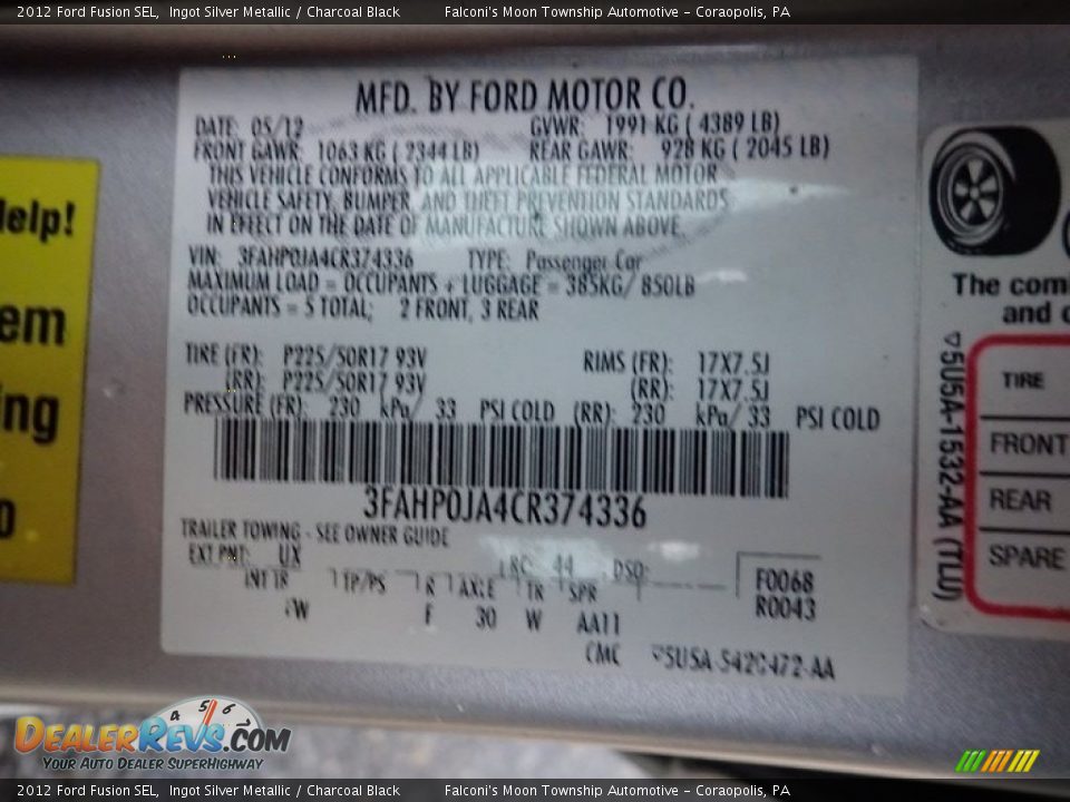 2012 Ford Fusion SEL Ingot Silver Metallic / Charcoal Black Photo #28