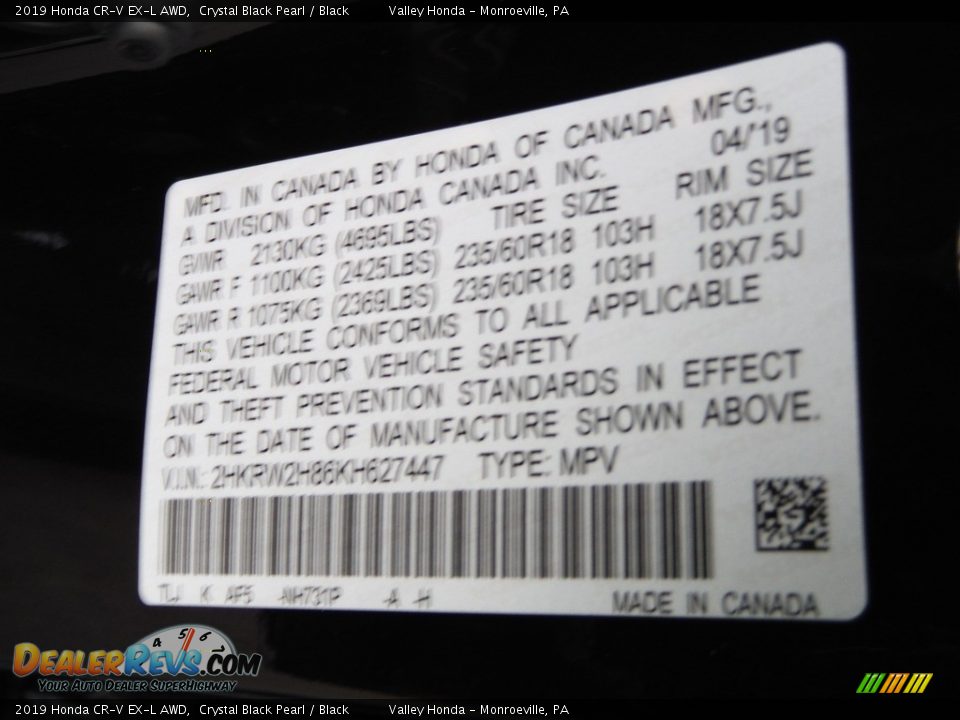 2019 Honda CR-V EX-L AWD Crystal Black Pearl / Black Photo #32
