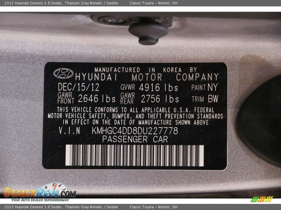 2013 Hyundai Genesis 3.8 Sedan Titanium Gray Metallic / Saddle Photo #21