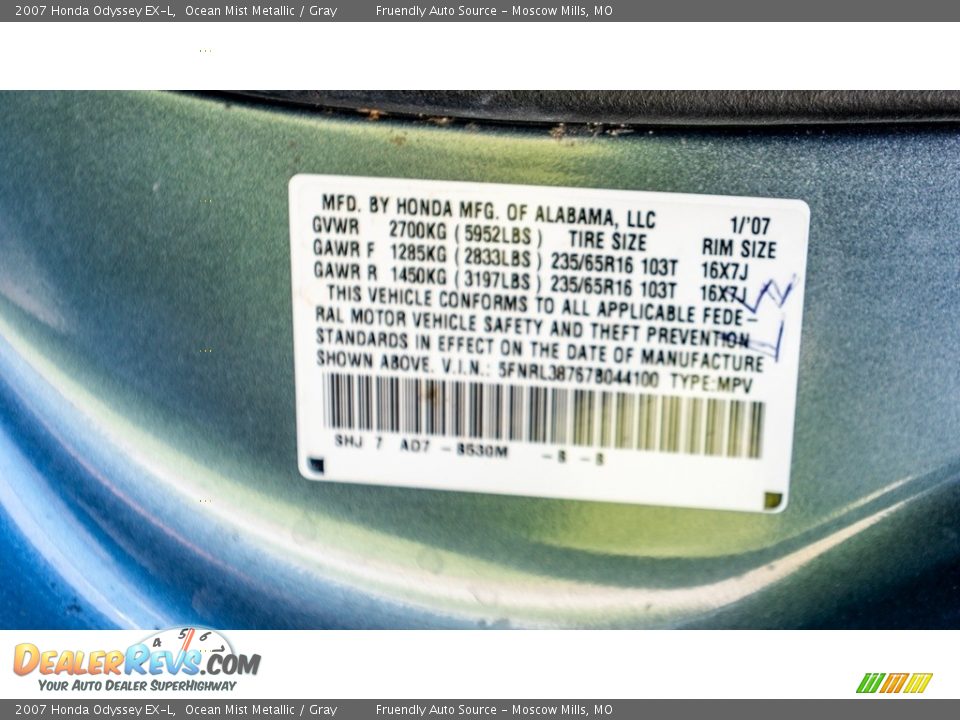2007 Honda Odyssey EX-L Ocean Mist Metallic / Gray Photo #29