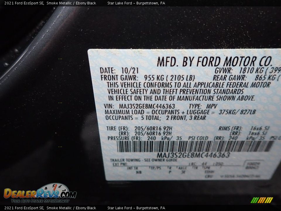 2021 Ford EcoSport SE Smoke Metallic / Ebony Black Photo #14