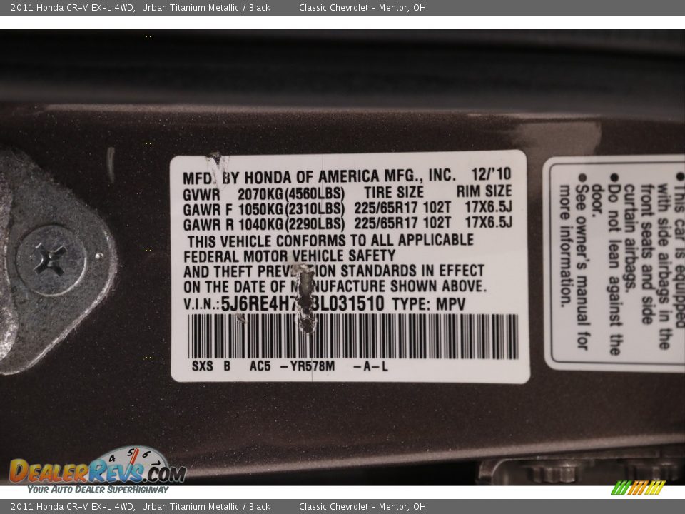2011 Honda CR-V EX-L 4WD Urban Titanium Metallic / Black Photo #17