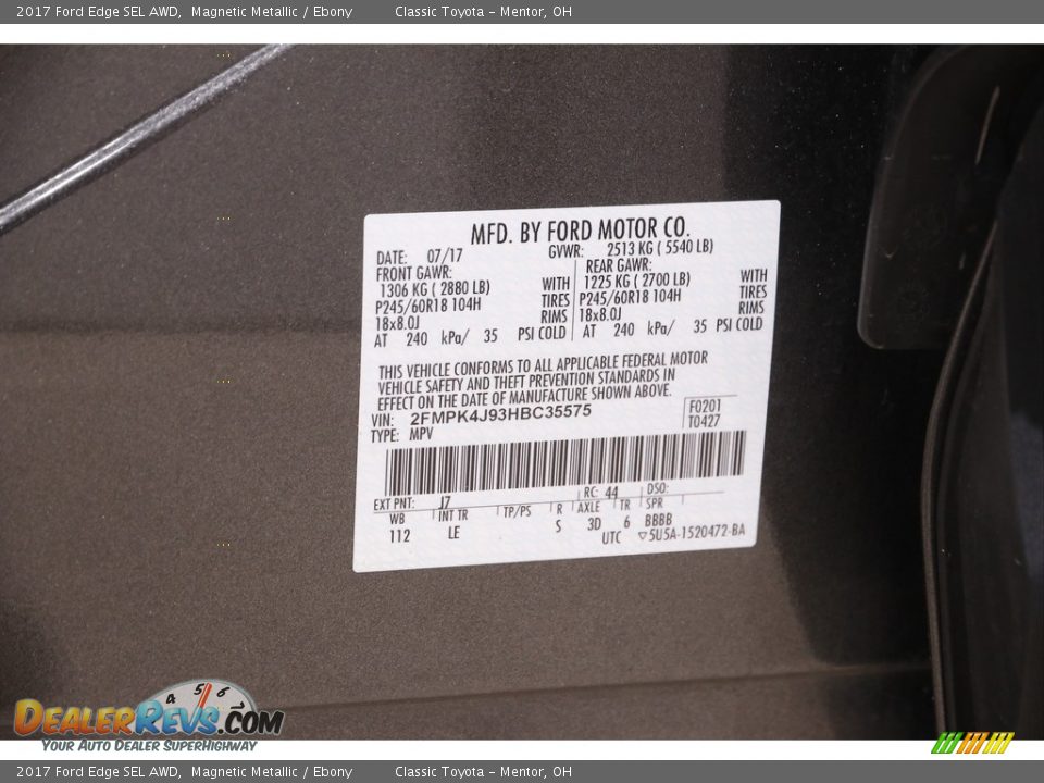 2017 Ford Edge SEL AWD Magnetic Metallic / Ebony Photo #20
